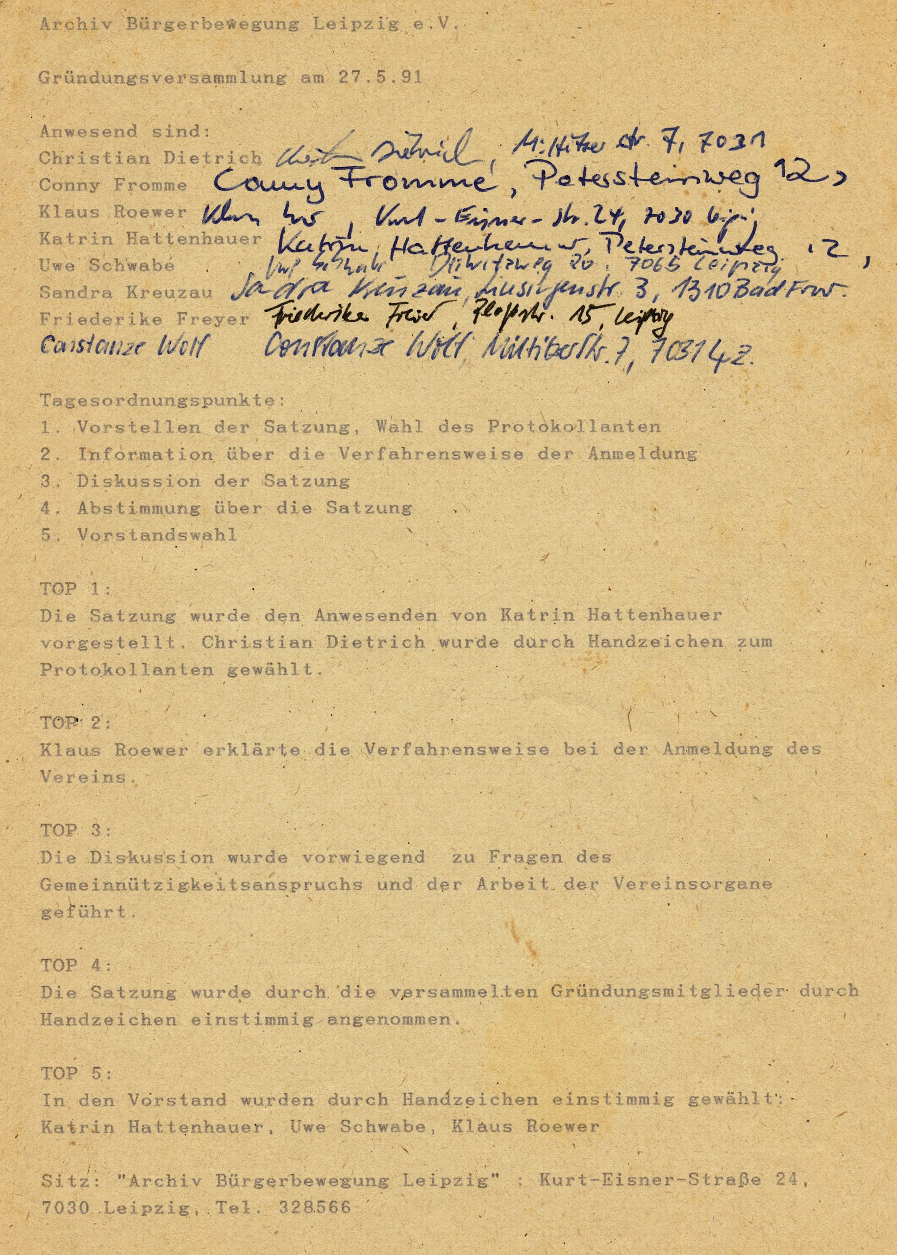 Gründungsversammlung des Archiv Bürgerbewegung Leipzig e.V. am 27. Mai 1991