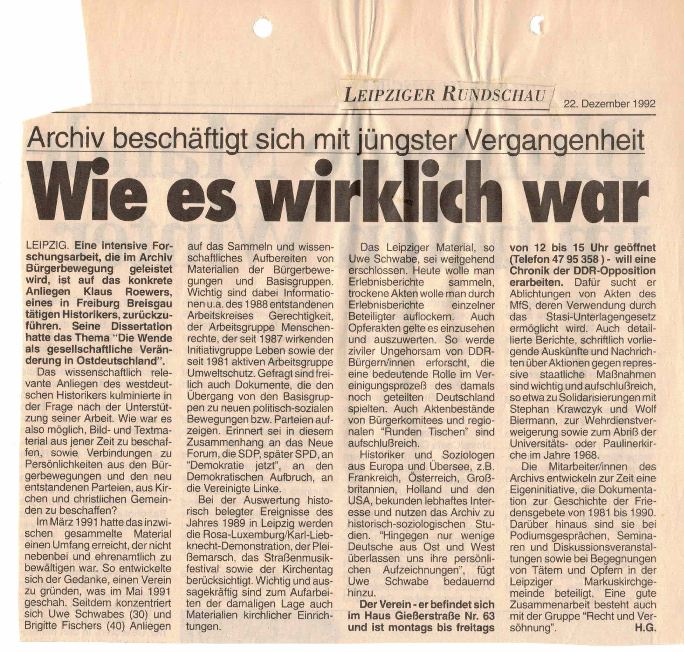Sammlungsaufruf in der Leipziger Rundschau vom 22. Dezember 1992