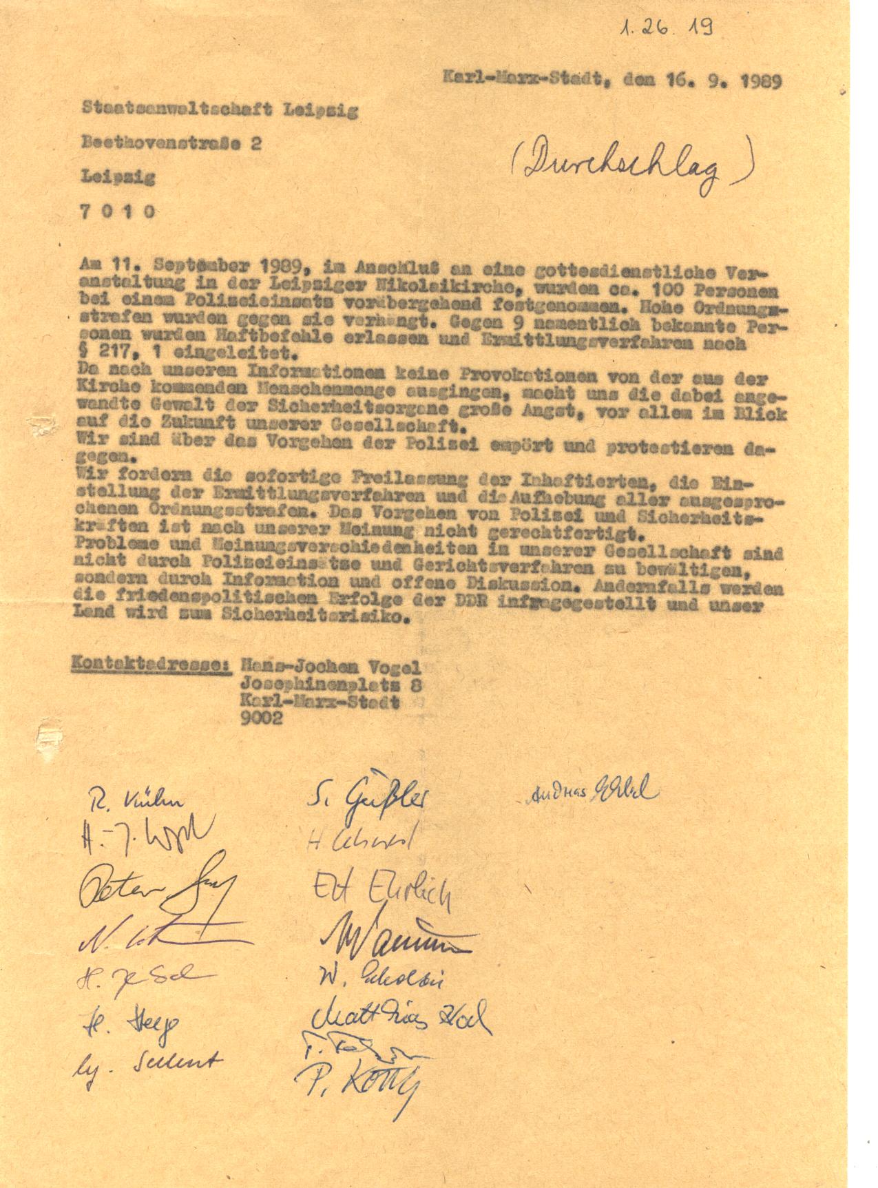 Solidaritätsbekundung aus Karl-Marx-Stadt und Forderung nach Freilassung von Inhaftierten
