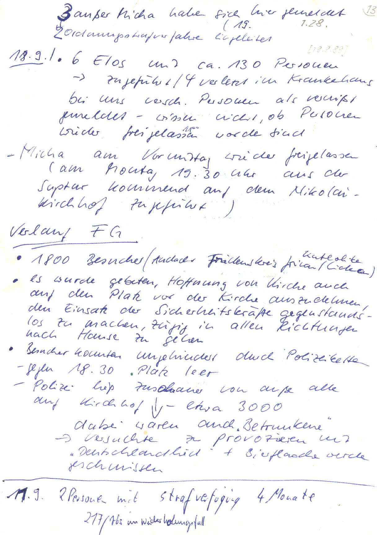 Mitschrift eines Anrufes beim Kontakttelefon in der Leipziger Markusgemeinde am 18. September 1989